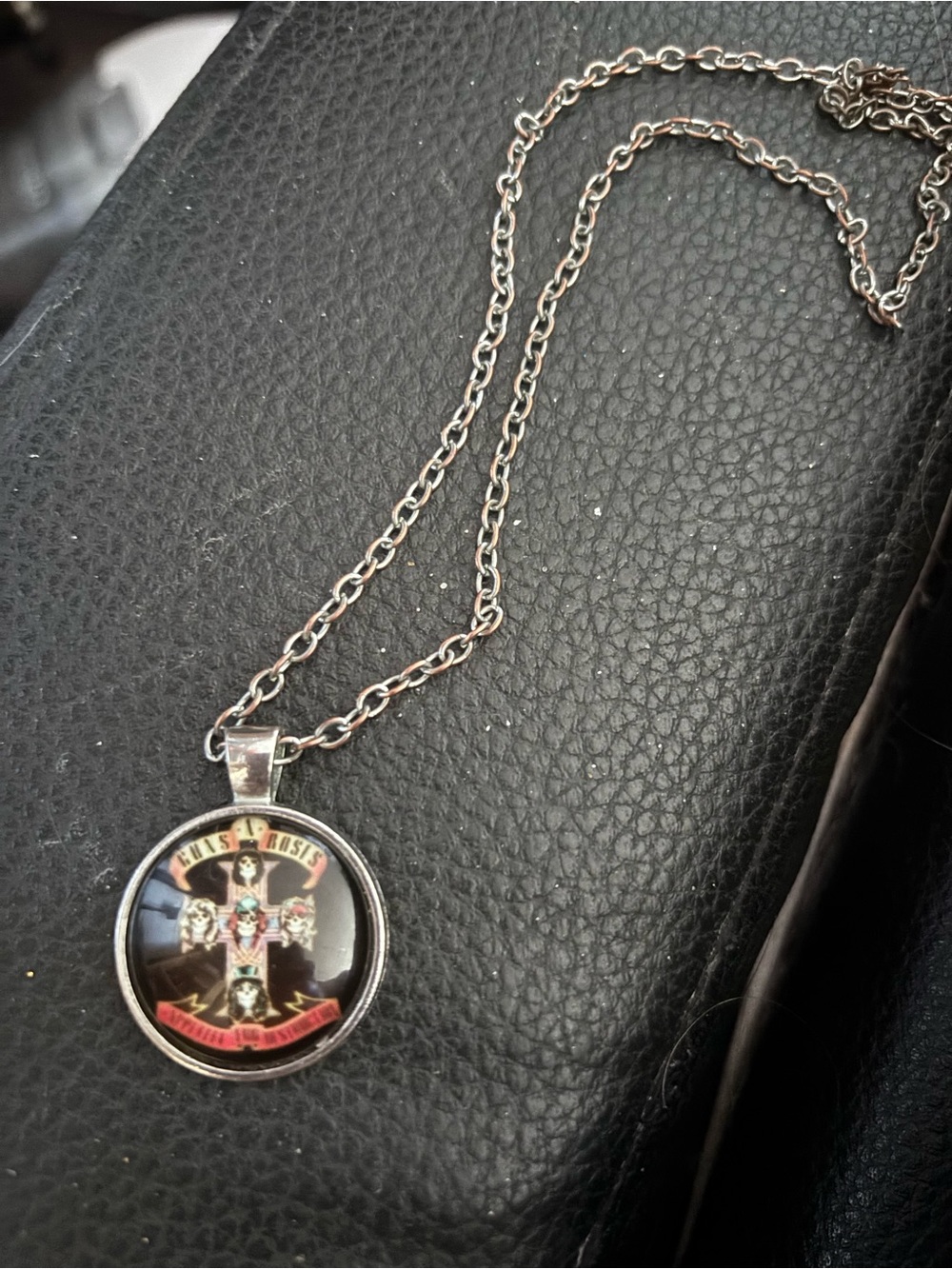 Silver-Tone Round Logo Pendant Necklace - Black and Silver